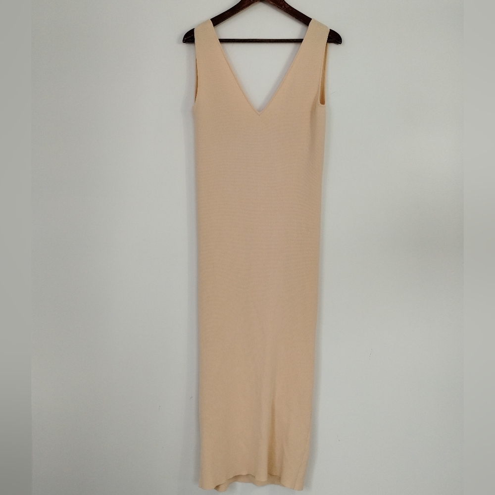 Self-Portrait Ribbed Knit V-Neck Midi Dress Peach Beige Size M